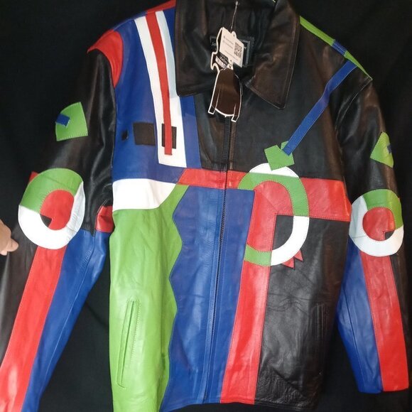 Jackets Maker Other - NWT! Jackets Maker Abstract Colorful 100% Genuine Leather Jacket Men's Size M/L